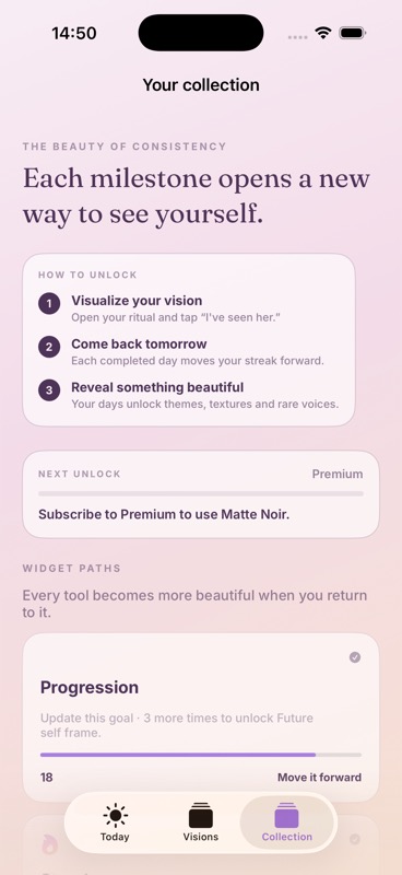 The Vision collection screen, showing the themes and rewards unlocked so far.