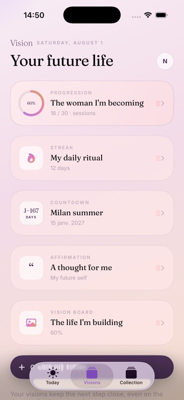 The Vision list of goals: a progression, a streak, a countdown, an affirmation and a vision board.